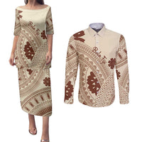 Bula Fiji Classic Masi Tapa Couples Matching Puletasi and Long Sleeve Button Shirt Vintage Beige LT7 Beige - Polynesian Pride