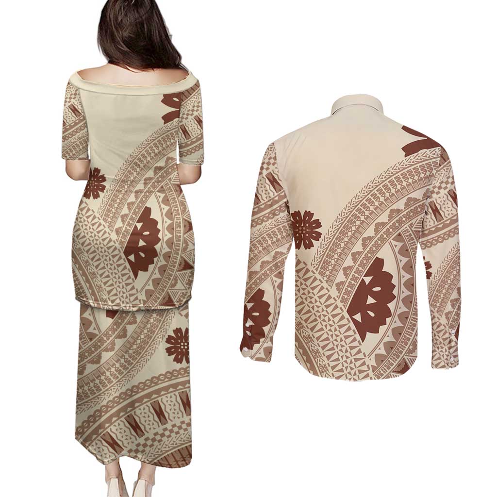 Bula Fiji Classic Masi Tapa Couples Matching Puletasi and Long Sleeve Button Shirt Vintage Beige LT7 - Polynesian Pride