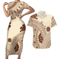 Bula Fiji Classic Masi Tapa Couples Matching Short Sleeve Bodycon Dress and Hawaiian Shirt Vintage Beige - Polynesian Pride