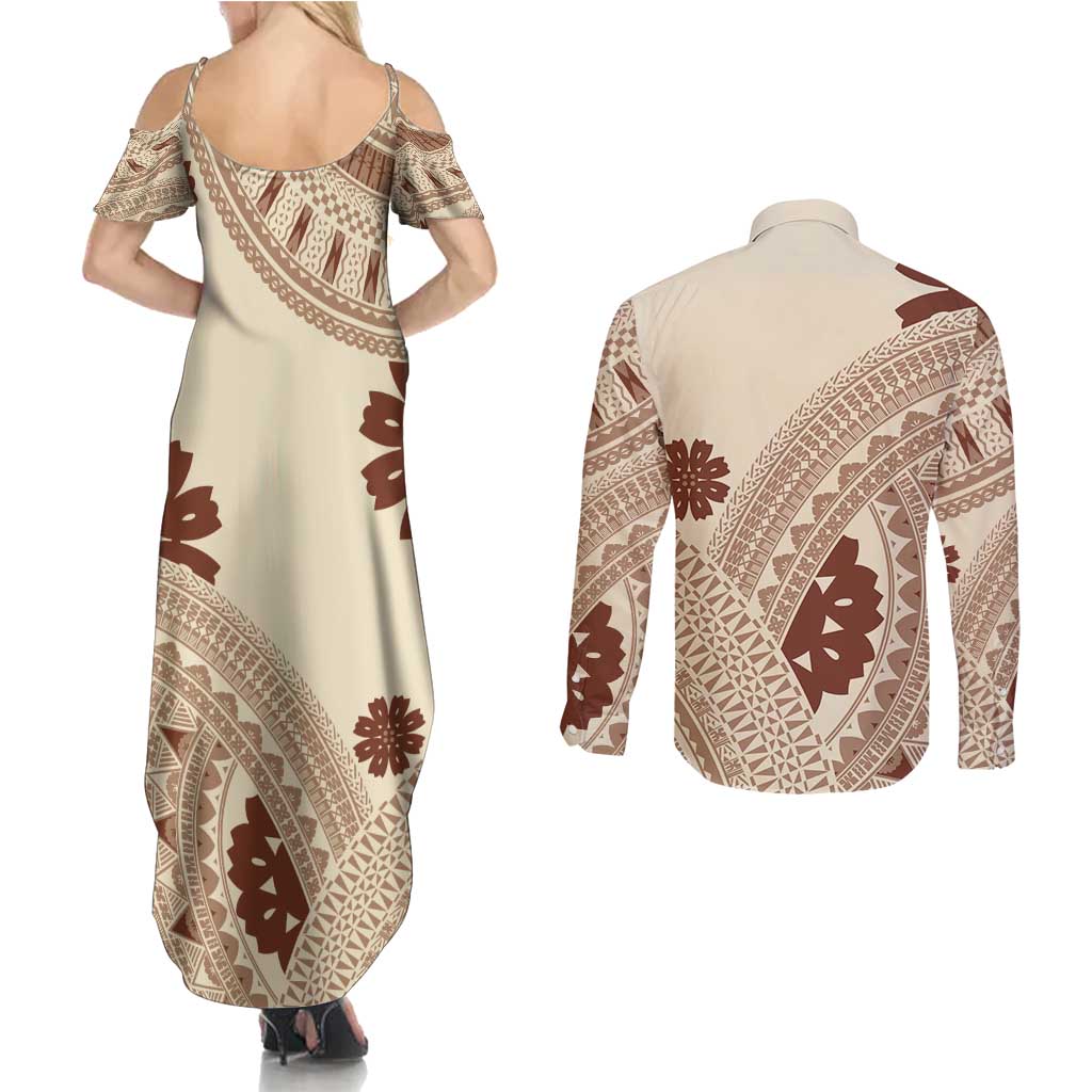 Bula Fiji Classic Masi Tapa Couples Matching Summer Maxi Dress and Long Sleeve Button Shirt Vintage Beige - Polynesian Pride