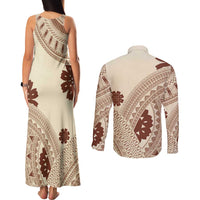 Bula Fiji Classic Masi Tapa Couples Matching Tank Maxi Dress and Long Sleeve Button Shirt Vintage Beige - Polynesian Pride