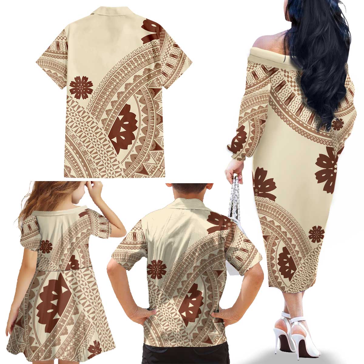 Bula Fiji Classic Masi Tapa Family Matching Off The Shoulder Long Sleeve Dress and Hawaiian Shirt Vintage Beige - Polynesian Pride