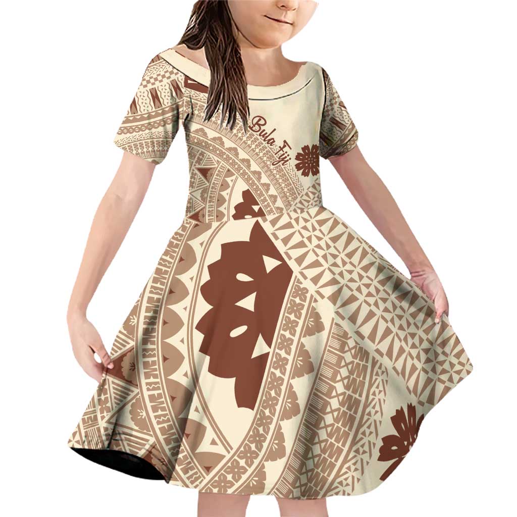 Bula Fiji Classic Masi Tapa Family Matching Off Shoulder Short Dress and Hawaiian Shirt Vintage Beige - Polynesian Pride