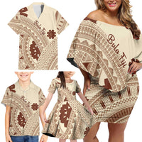 Bula Fiji Classic Masi Tapa Family Matching Off Shoulder Short Dress and Hawaiian Shirt Vintage Beige - Polynesian Pride