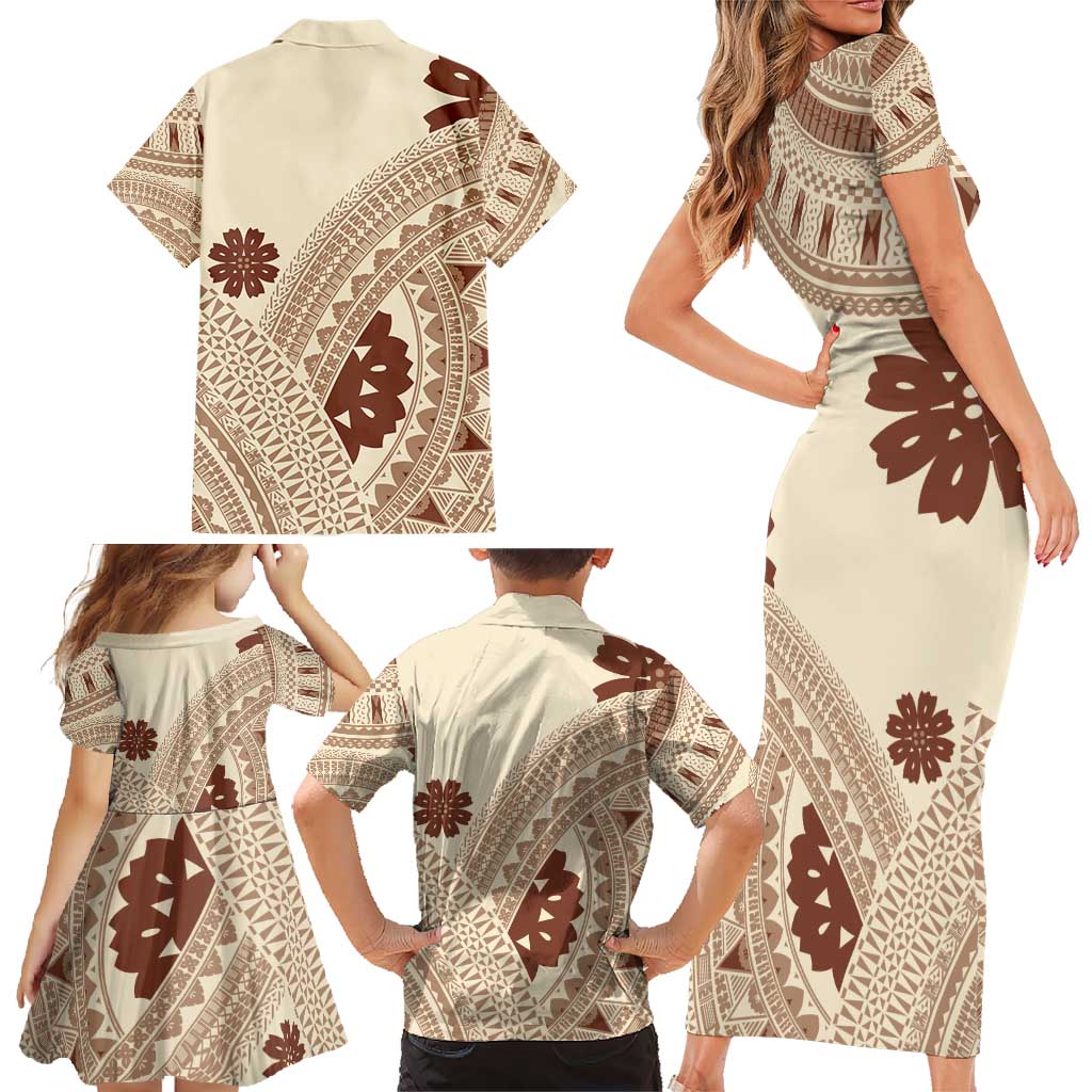 Bula Fiji Classic Masi Tapa Family Matching Short Sleeve Bodycon Dress and Hawaiian Shirt Vintage Beige - Polynesian Pride