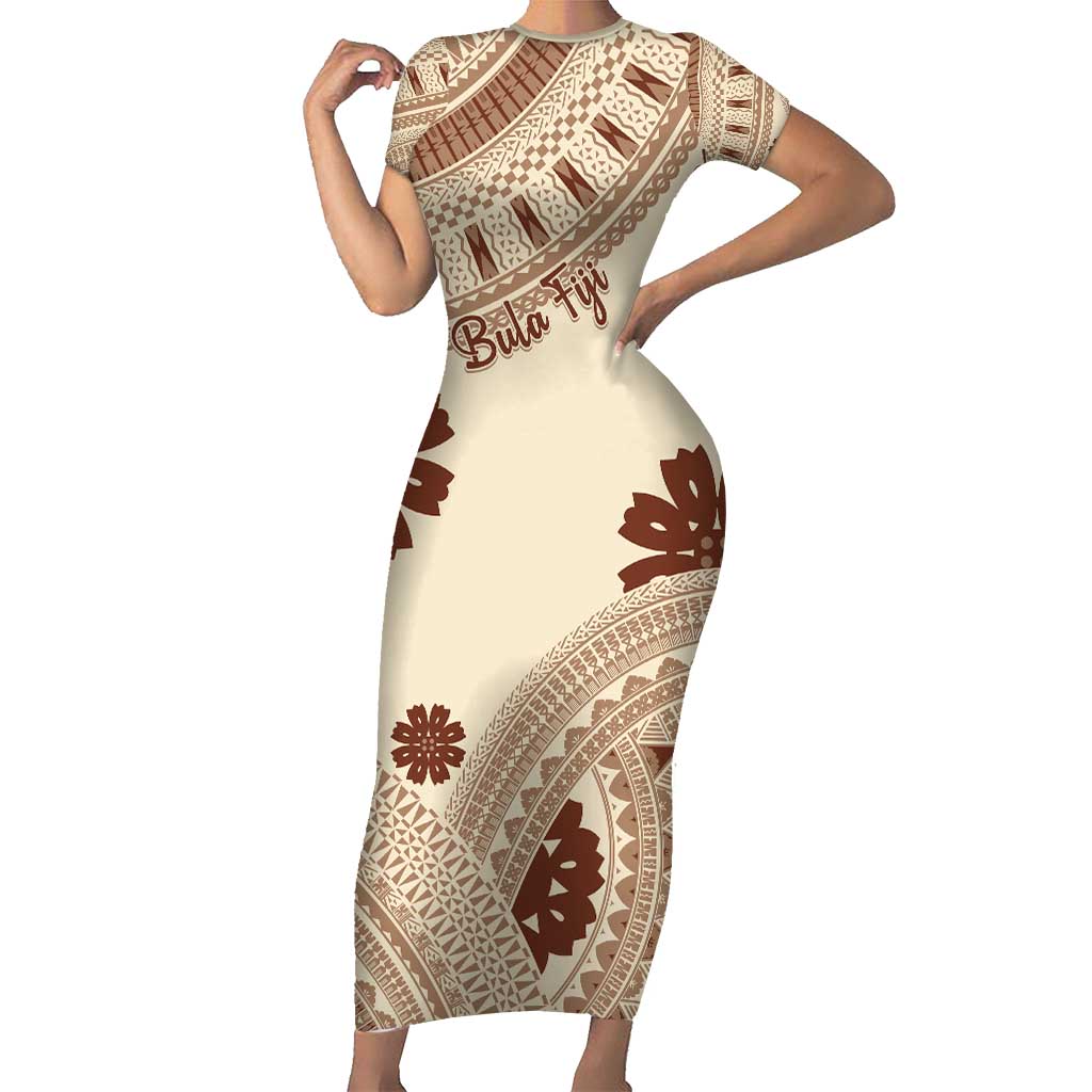 Bula Fiji Classic Masi Tapa Family Matching Short Sleeve Bodycon Dress and Hawaiian Shirt Vintage Beige - Polynesian Pride