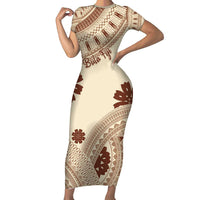 Bula Fiji Classic Masi Tapa Family Matching Short Sleeve Bodycon Dress and Hawaiian Shirt Vintage Beige - Polynesian Pride