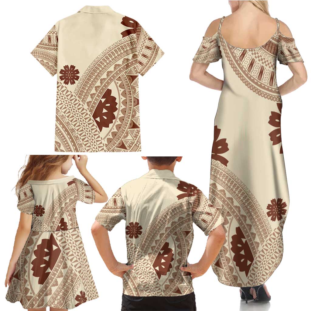 Bula Fiji Classic Masi Tapa Family Matching Summer Maxi Dress and Hawaiian Shirt Vintage Beige - Polynesian Pride
