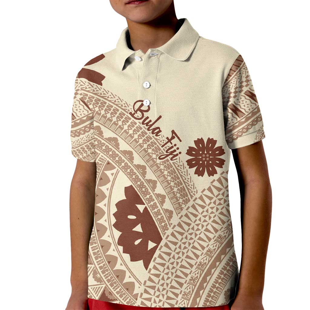 Bula Fiji Classic Masi Tapa Kid Polo Shirt Vintage Beige - Polynesian Pride