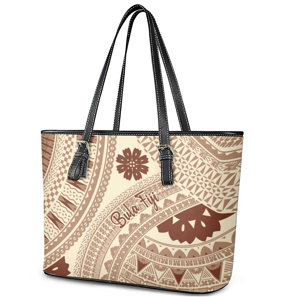 Bula Fiji Classic Masi Tapa Leather Tote Bag Vintage Beige - Polynesian Pride