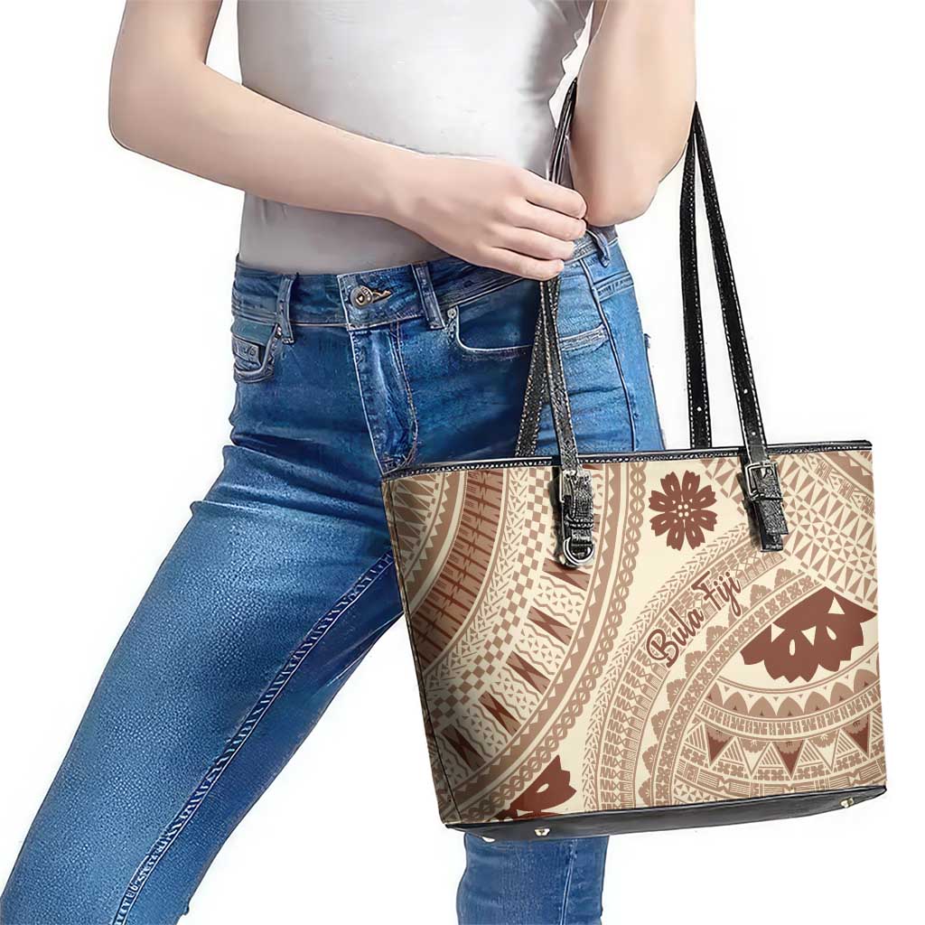Bula Fiji Classic Masi Tapa Leather Tote Bag Vintage Beige - Polynesian Pride