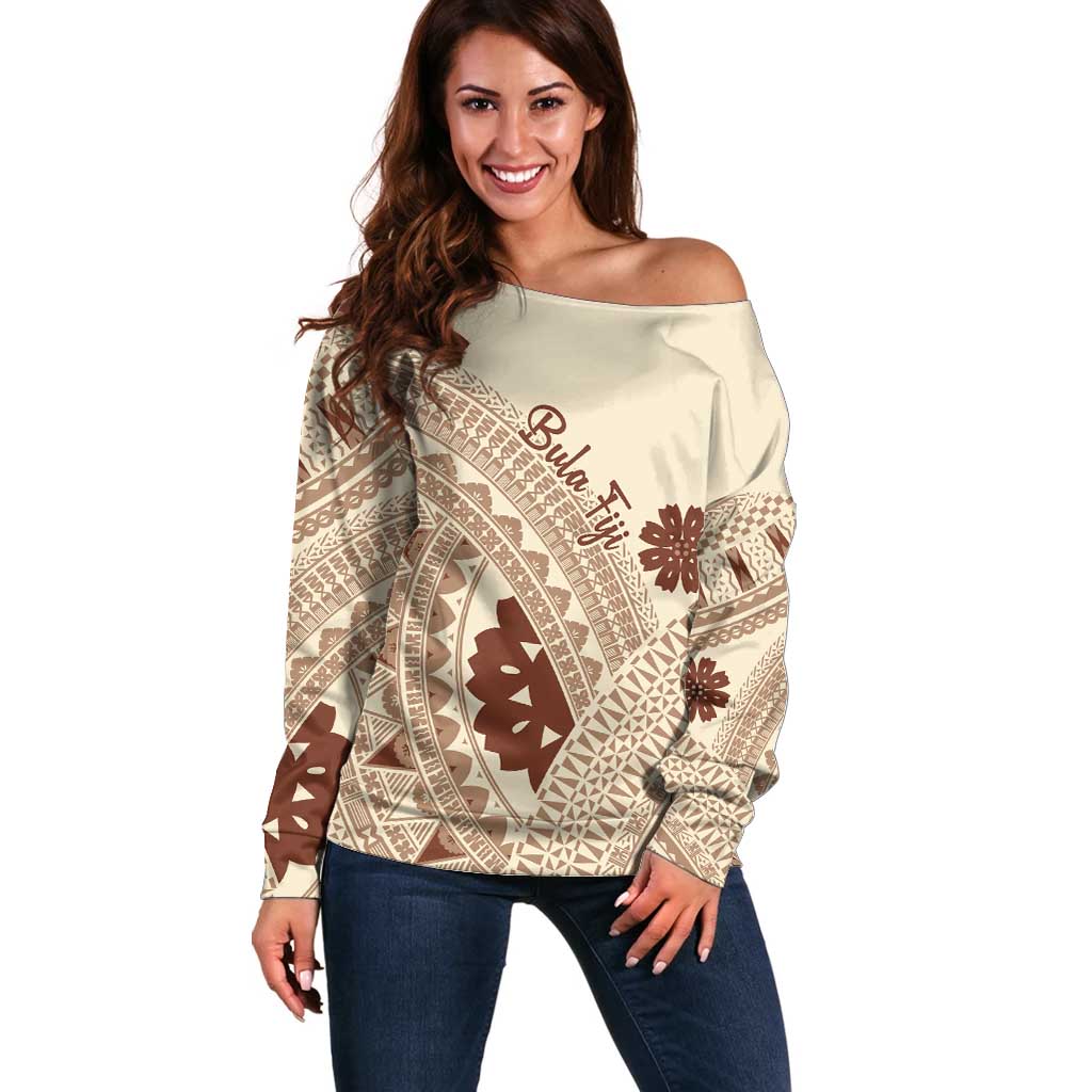 Bula Fiji Classic Masi Tapa Off Shoulder Sweater Vintage Beige - Polynesian Pride