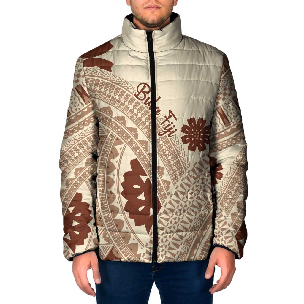 Bula Fiji Classic Masi Tapa Padded Jacket Vintage Beige - Polynesian Pride