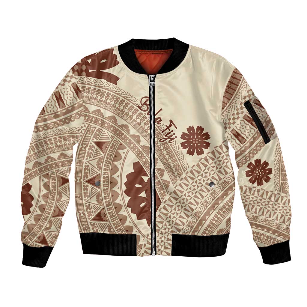 Bula Fiji Classic Masi Tapa Sleeve Zip Bomber Jacket Vintage Beige LT7 Unisex Beige - Polynesian Pride