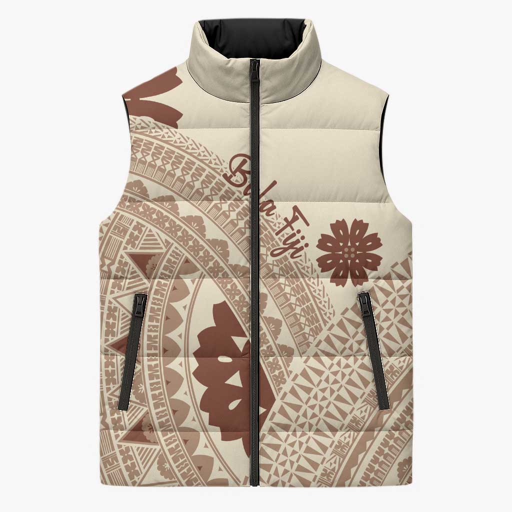 Bula Fiji Classic Masi Tapa Sleeveless Puffer Jacket Vintage Beige LT7 Unisex Beige - Polynesian Pride