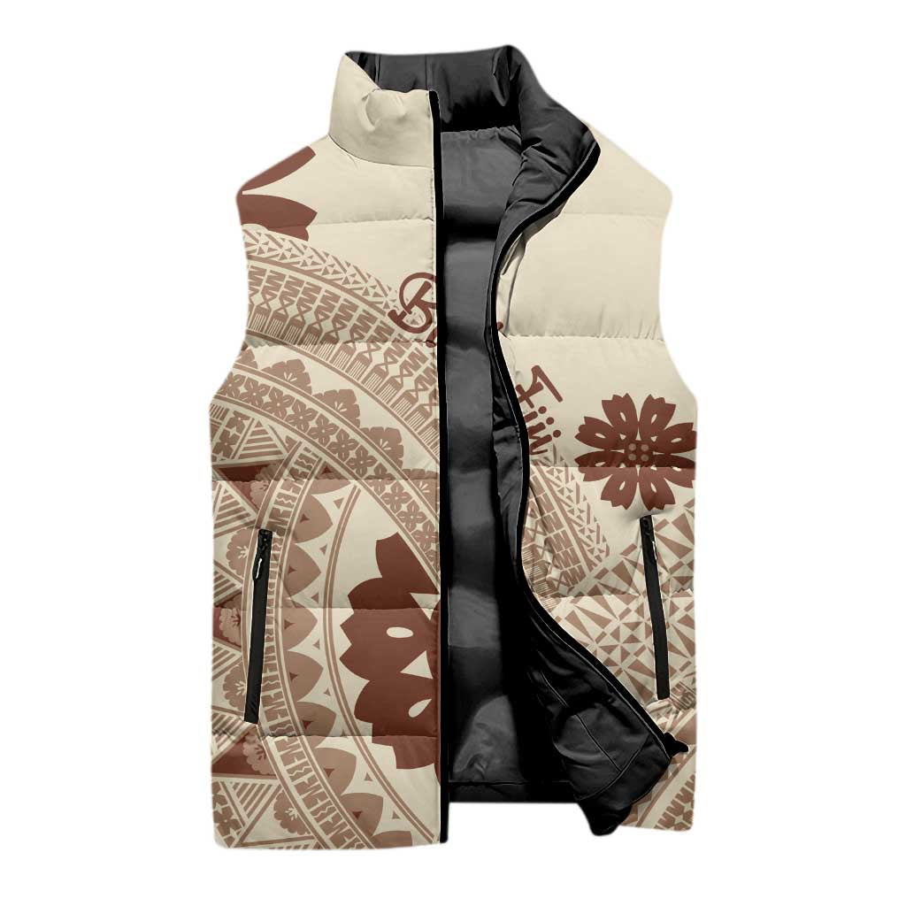 Bula Fiji Classic Masi Tapa Sleeveless Puffer Jacket Vintage Beige LT7 - Polynesian Pride