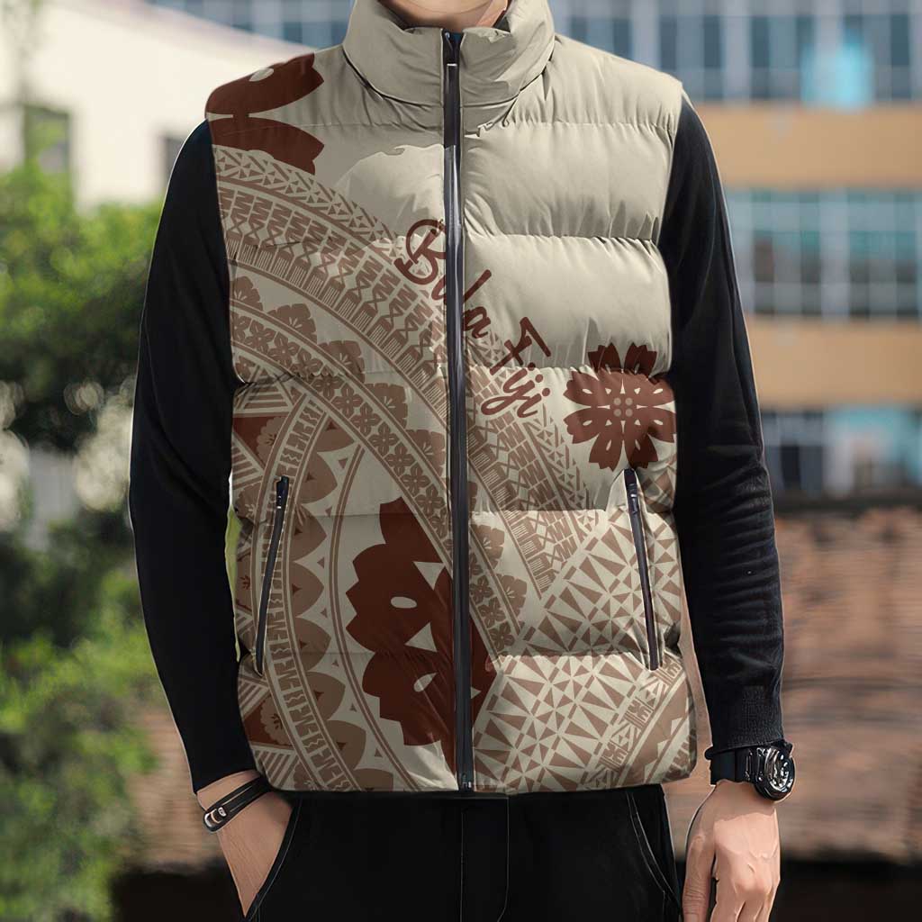 Bula Fiji Classic Masi Tapa Sleeveless Puffer Jacket Vintage Beige LT7 - Polynesian Pride