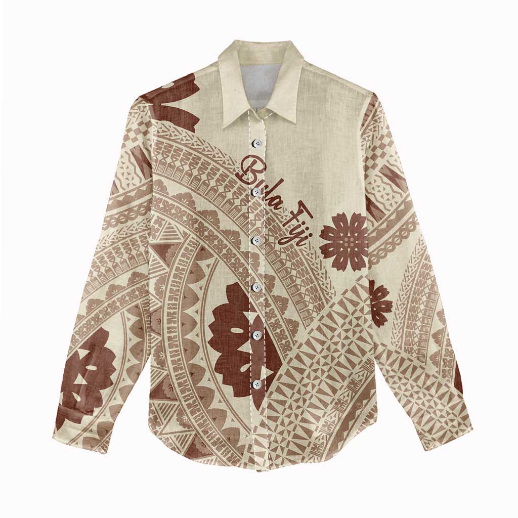 Bula Fiji Classic Masi Tapa Women Casual Shirt Vintage Beige LT7 - Polynesian Pride