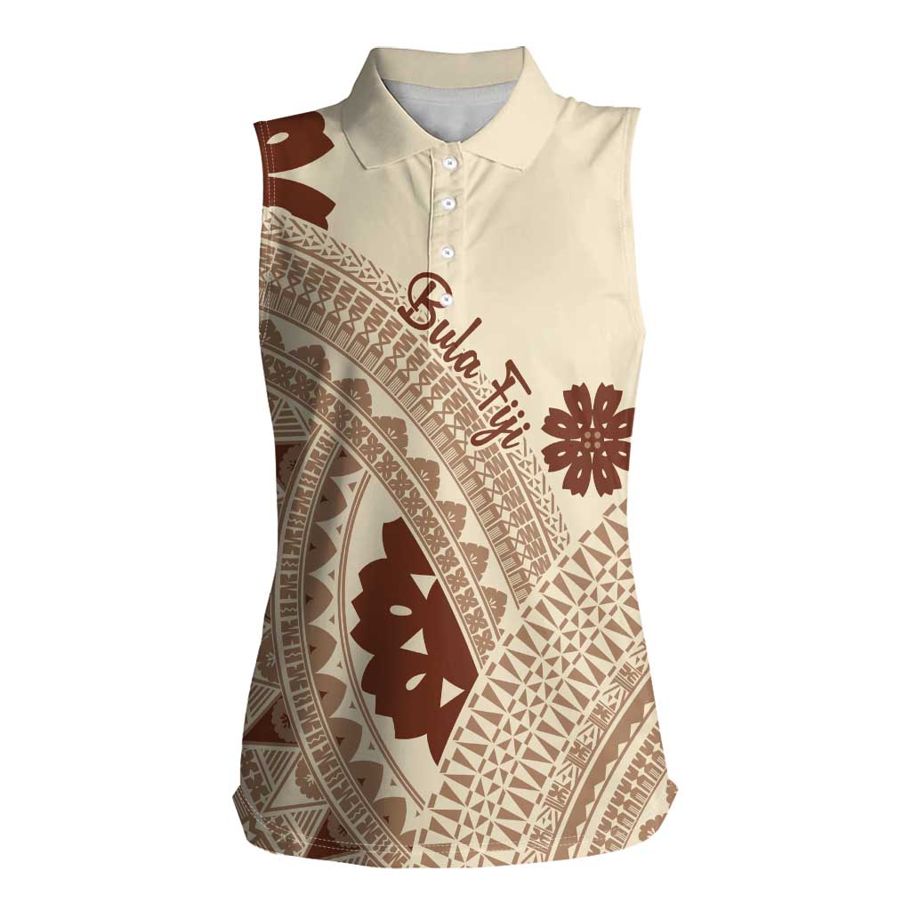 Bula Fiji Classic Masi Tapa Women Sleeveless Polo Shirt Vintage Beige LT7 Female Beige - Polynesian Pride