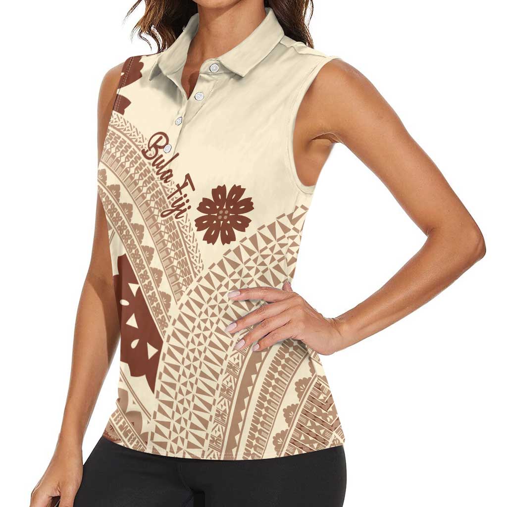 Bula Fiji Classic Masi Tapa Women Sleeveless Polo Shirt Vintage Beige LT7 - Polynesian Pride