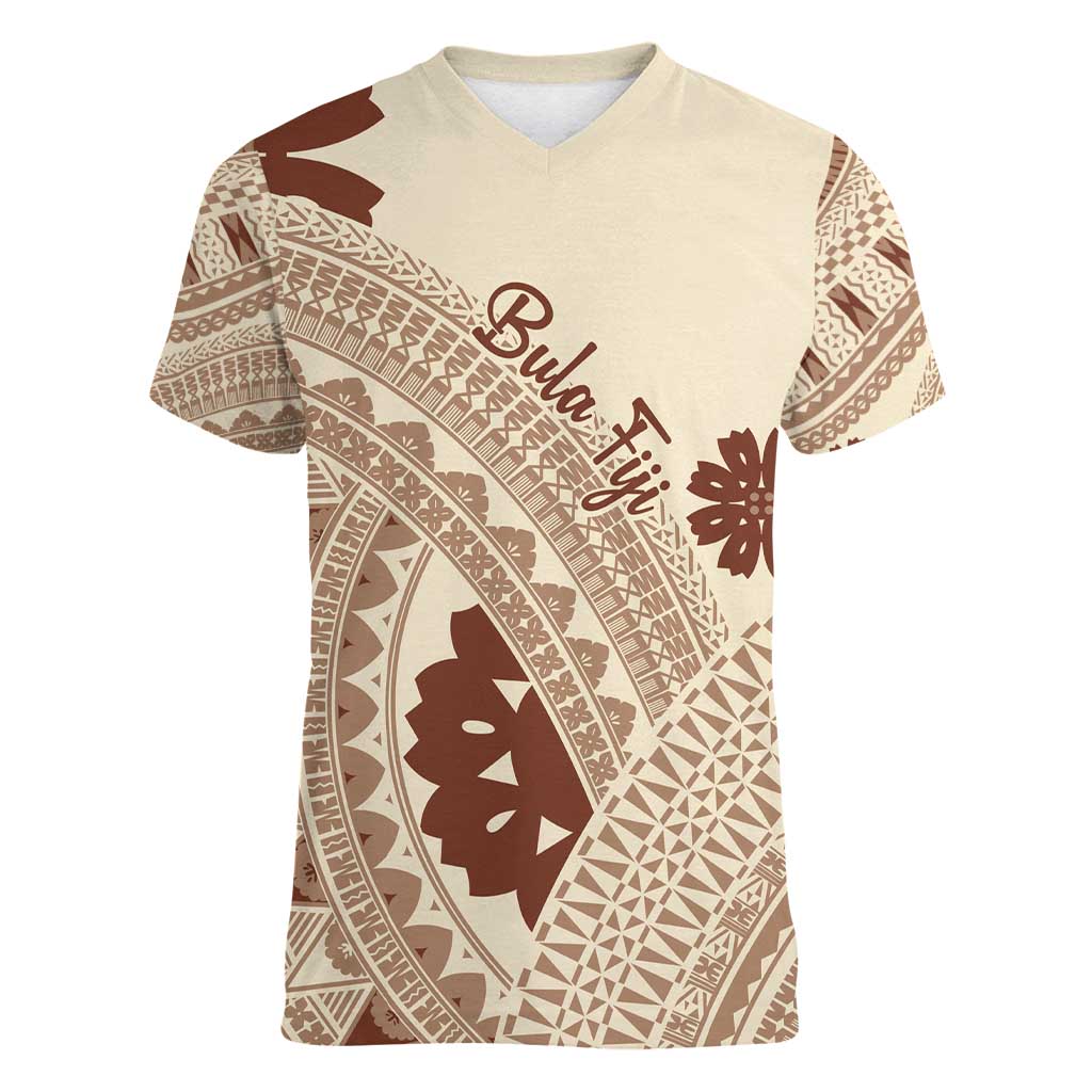 Bula Fiji Classic Masi Tapa Women V-Neck T-Shirt Vintage Beige - Polynesian Pride