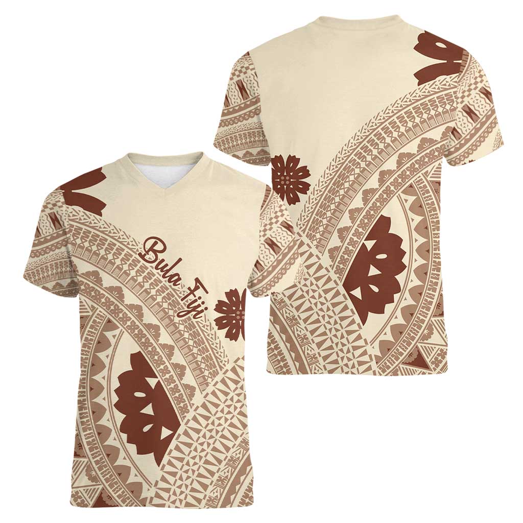 Bula Fiji Classic Masi Tapa Women V-Neck T-Shirt Vintage Beige - Polynesian Pride