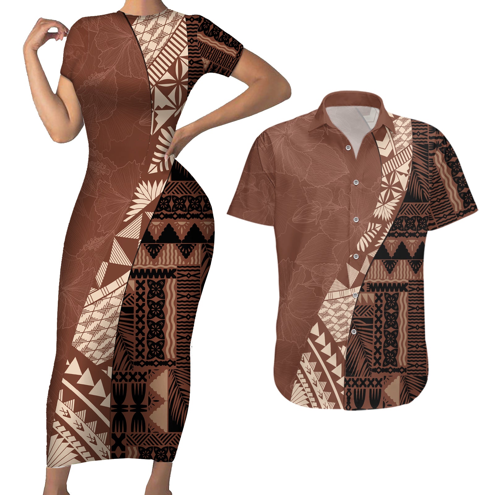 Bula Fiji Couples Matching Short Sleeve Bodycon Dress and Hawaiian Shirt Tribal Masi Tapa - Brown LT7 Brown - Polynesian Pride