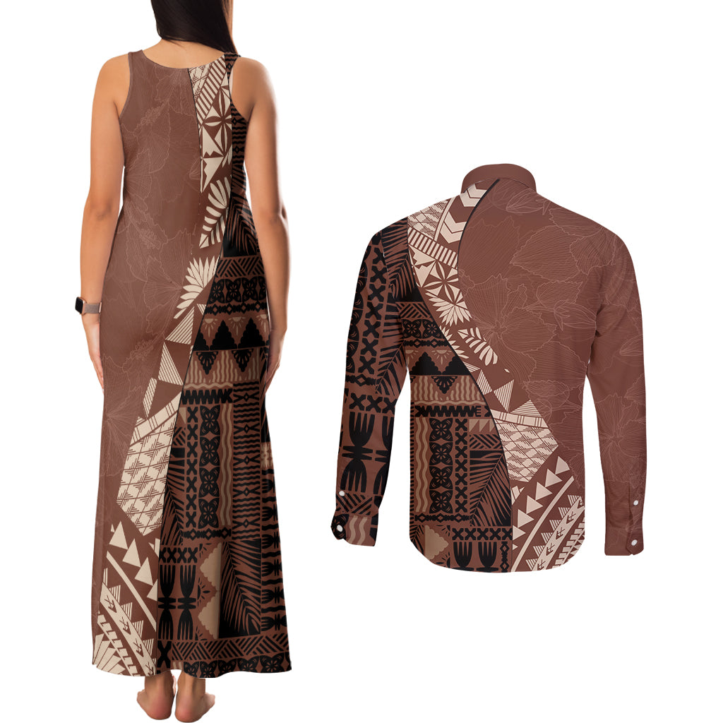 Bula Fiji Couples Matching Tank Maxi Dress and Long Sleeve Button Shirt Tribal Masi Tapa - Brown LT7 - Polynesian Pride
