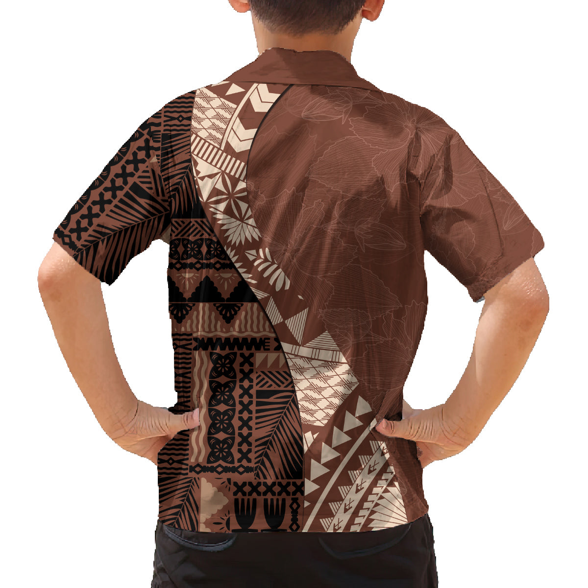 Bula Fiji Family Matching Long Sleeve Bodycon Dress and Hawaiian Shirt Tribal Masi Tapa - Brown LT7 - Polynesian Pride