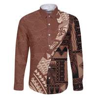 Bula Fiji Family Matching Puletasi Dress and Hawaiian Shirt Tribal Masi Tapa - Brown LT7 Dad's Shirt - Long Sleeve Brown - Polynesian Pride