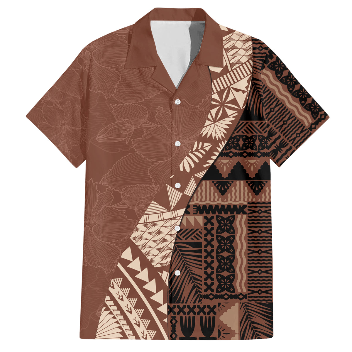 Bula Fiji Family Matching Short Sleeve Bodycon Dress and Hawaiian Shirt Tribal Masi Tapa - Brown LT7 Dad's Shirt - Short Sleeve Brown - Polynesian Pride