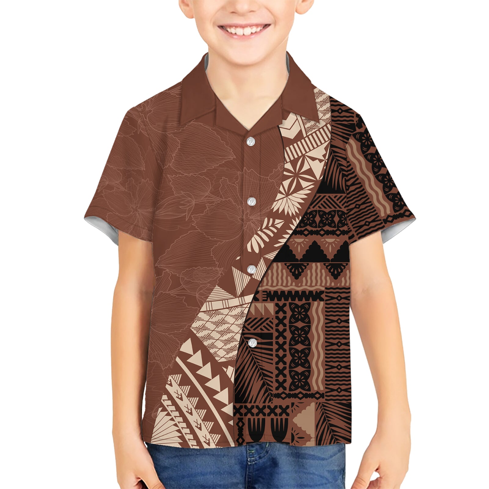 Bula Fiji Kid Hawaiian Shirt Tribal Masi Tapa - Brown LT7 Kid Brown - Polynesian Pride