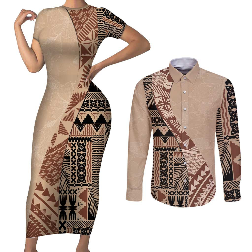Bula Fiji Couples Matching Short Sleeve Bodycon Dress and Long Sleeve Button Shirt Tribal Masi Tapa - Beige LT7