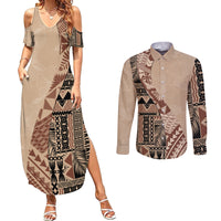 Bula Fiji Couples Matching Summer Maxi Dress and Long Sleeve Button Shirt Tribal Masi Tapa - Beige LT7 Beige - Polynesian Pride