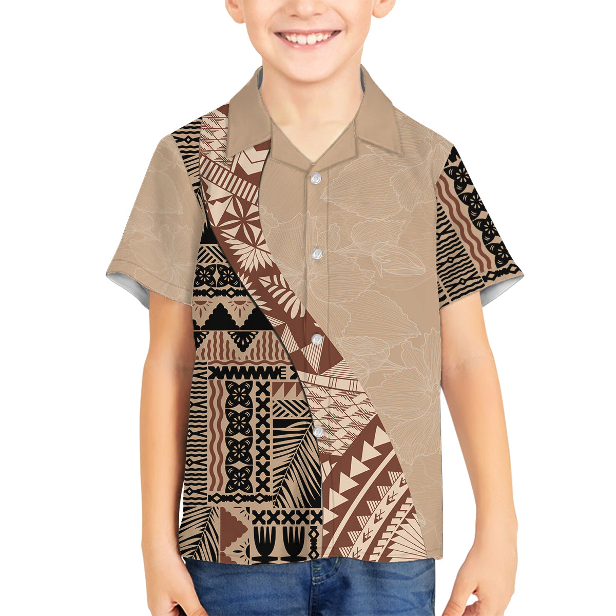 Bula Fiji Family Matching Puletasi Dress and Hawaiian Shirt Tribal Masi Tapa - Beige LT7 Son's Shirt Beige - Polynesian Pride