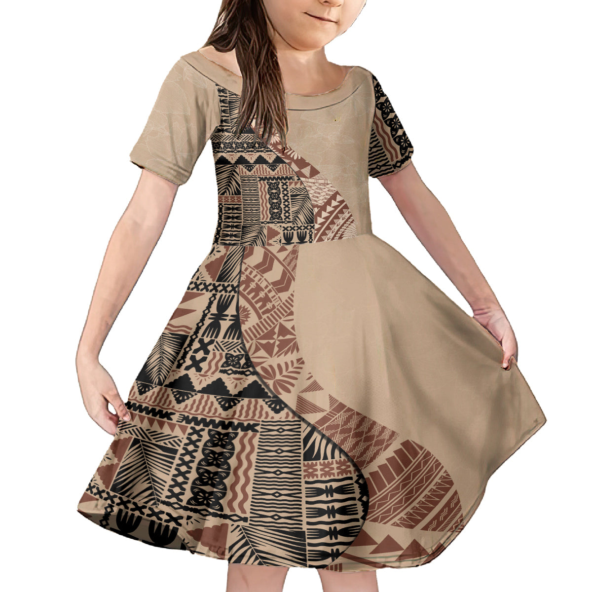 Bula Fiji Family Matching Tank Maxi Dress and Hawaiian Shirt Tribal Masi Tapa - Beige LT7 Daughter's Dress Beige - Polynesian Pride