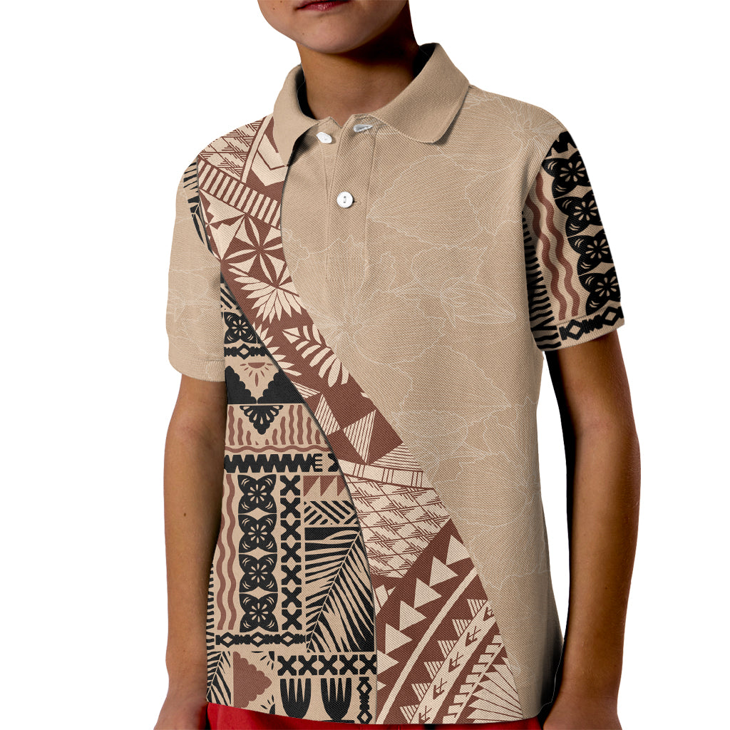 Bula Fiji Kid Polo Shirt Tribal Masi Tapa - Beige LT7 Kid Beige - Polynesian Pride