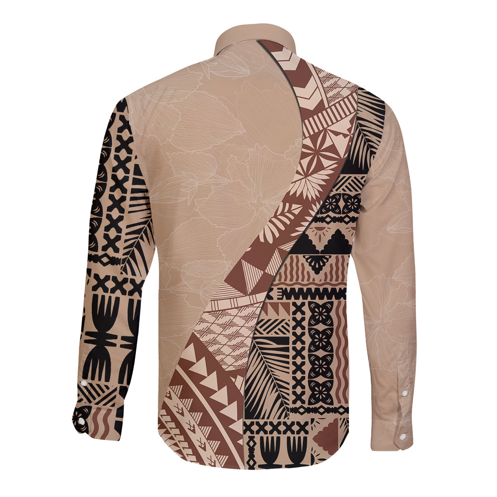 Bula Fiji Long Sleeve Button Shirt Tribal Masi Tapa - Beige LT7 - Polynesian Pride
