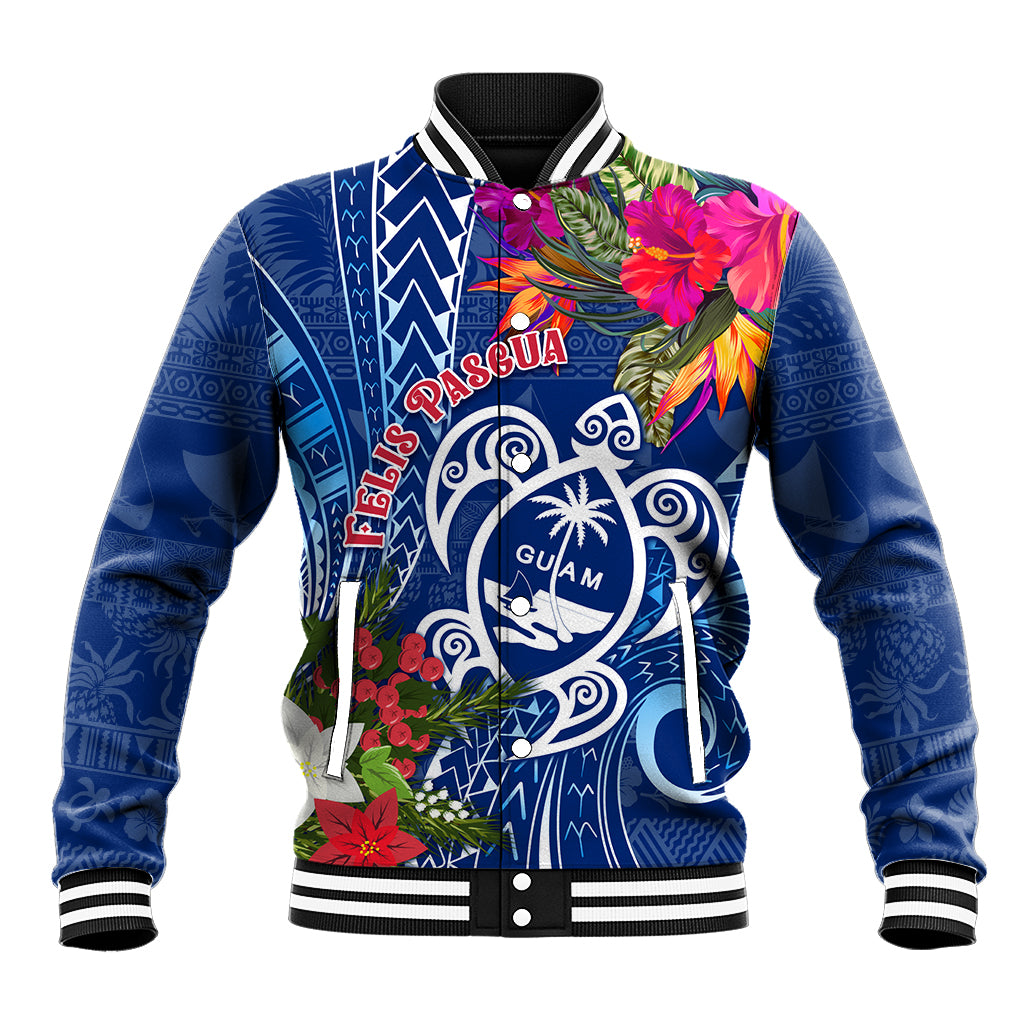 Guam Christmas Baseball Jacket Turtle Mix Tapa Felis Pasgua LT7 Unisex Blue - Polynesian Pride