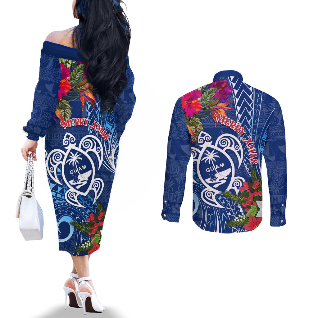 Guam Christmas Couples Matching Off The Shoulder Long Sleeve Dress and Long Sleeve Button Shirt Turtle Mix Tapa Felis Pasgua LT7 - Polynesian Pride