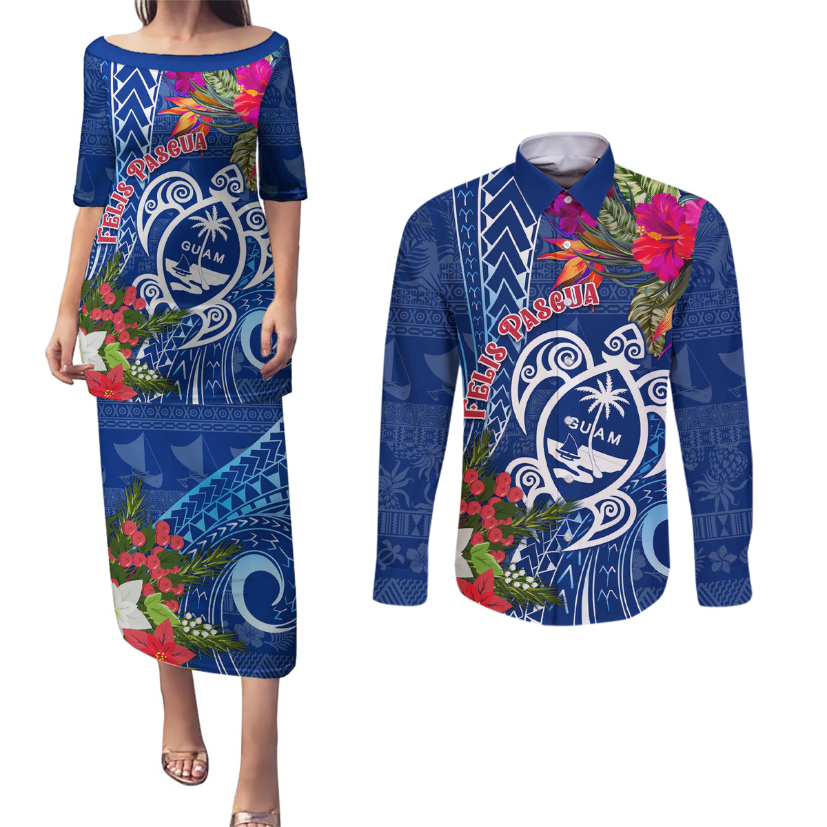 Guam Christmas Couples Matching Puletasi Dress and Long Sleeve Button Shirt Turtle Mix Tapa Felis Pasgua LT7 Blue - Polynesian Pride