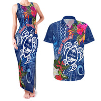Guam Christmas Couples Matching Tank Maxi Dress and Hawaiian Shirt Turtle Mix Tapa Felis Pasgua LT7 Blue - Polynesian Pride