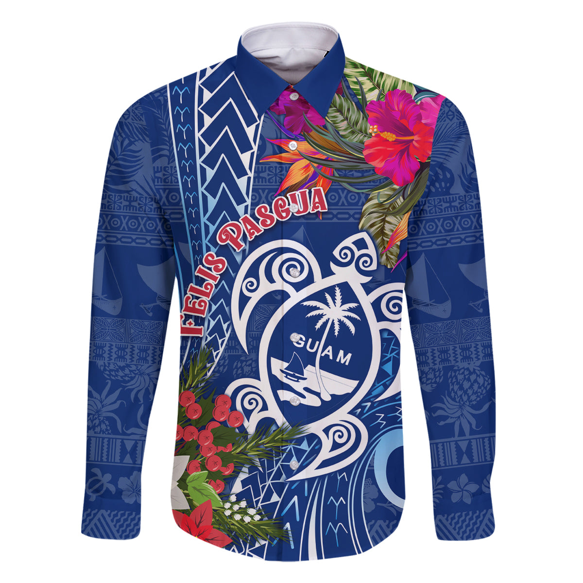 Guam Christmas Family Matching Off Shoulder Maxi Dress and Hawaiian Shirt Turtle Mix Tapa Felis Pasgua LT7 Dad's Shirt - Long Sleeve Blue - Polynesian Pride