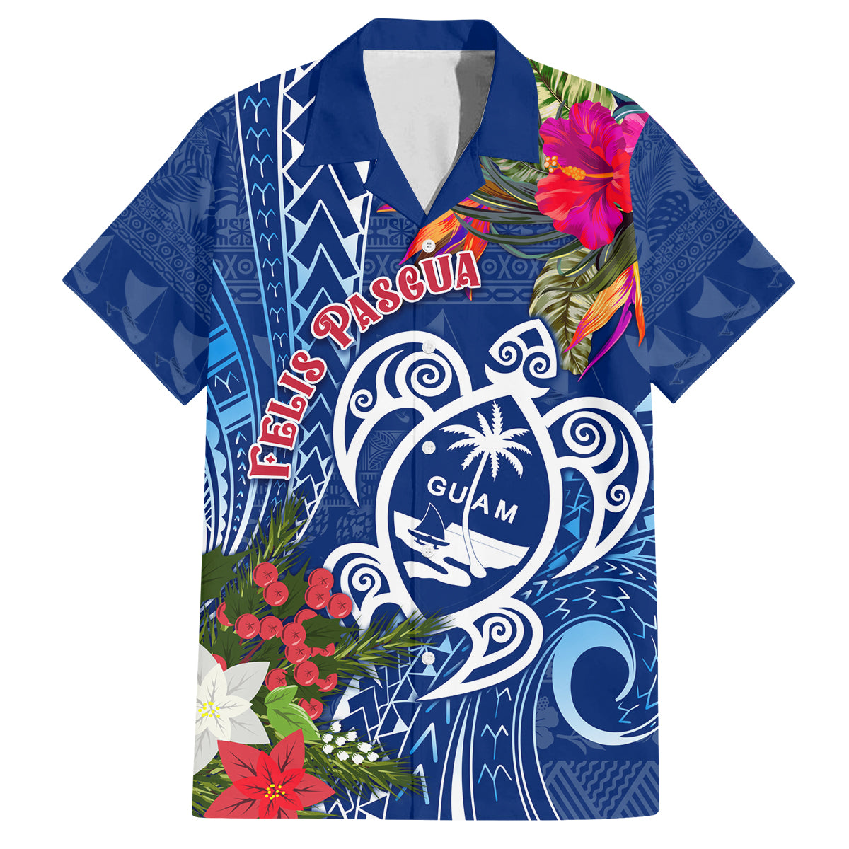 Guam Christmas Family Matching Off Shoulder Short Dress and Hawaiian Shirt Turtle Mix Tapa Felis Pasgua LT7 Dad's Shirt - Short Sleeve Blue - Polynesian Pride