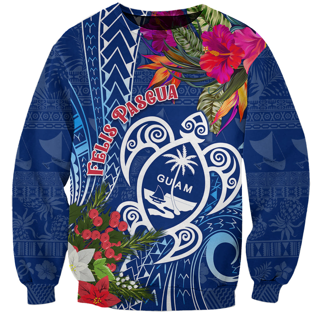 Guam Christmas Sweatshirt Turtle Mix Tapa Felis Pasgua LT7 Unisex Blue - Polynesian Pride