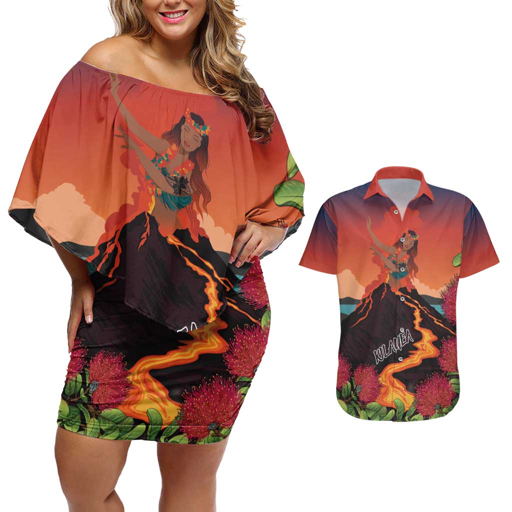 Hawaii Kilauea Volcano Couples Matching Off Shoulder Short Dress and Hawaiian Shirt Pele Goddess