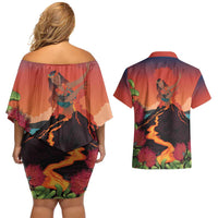 Hawaii Kilauea Volcano Couples Matching Off Shoulder Short Dress and Hawaiian Shirt Pele Goddess