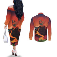 Hawaii Kilauea Volcano Couples Matching Off The Shoulder Long Sleeve Dress and Long Sleeve Button Shirt Pele Goddess LT7 - Polynesian Pride