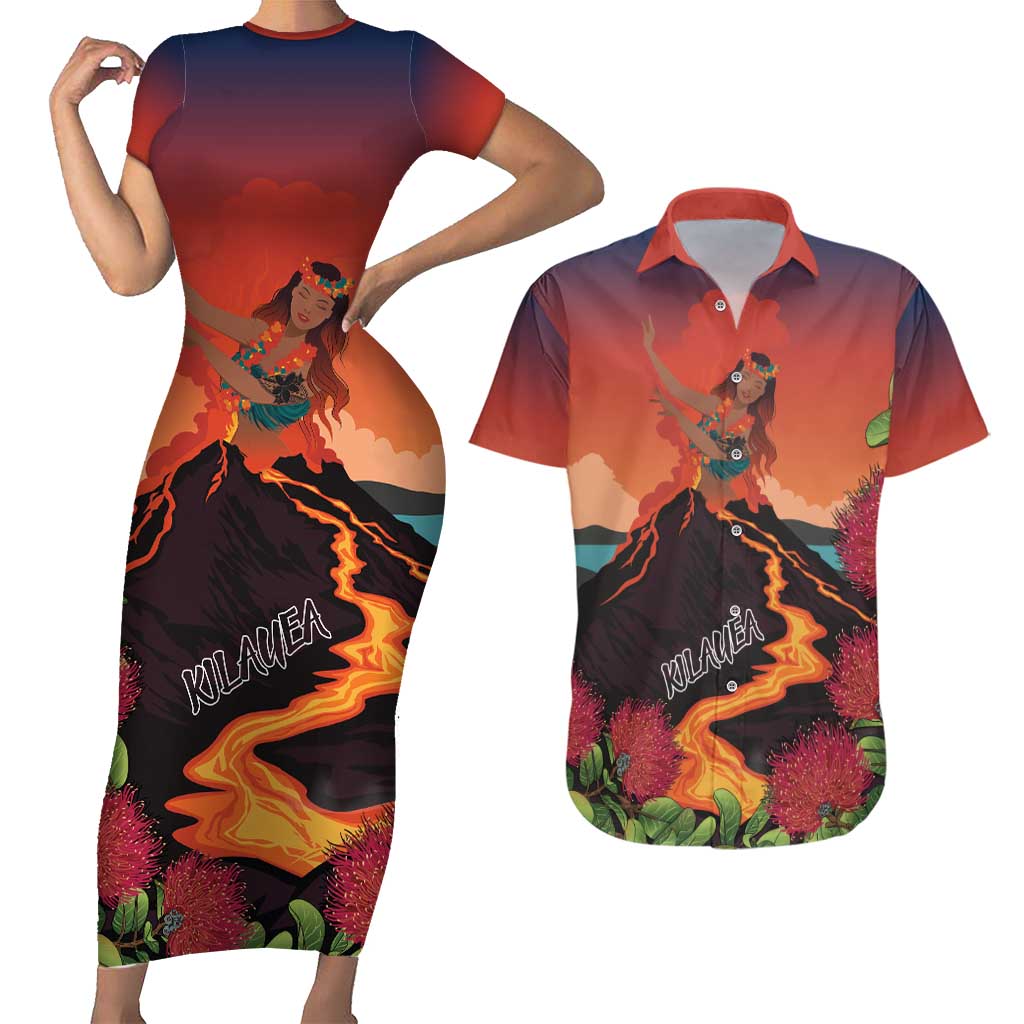 Hawaii Kilauea Volcano Couples Matching Short Sleeve Bodycon Dress and Hawaiian Shirt Pele Goddess