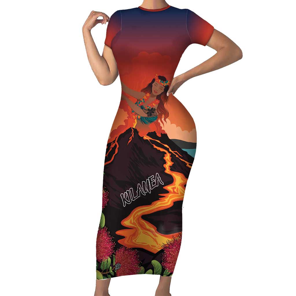 Hawaii Kilauea Volcano Family Matching Short Sleeve Bodycon Dress and Hawaiian Shirt Pele Goddess